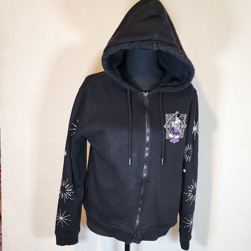 Disney Black Women's Full Zip Hoodie Mickey Minnie Goofy Donald Pluto 100th Sz M